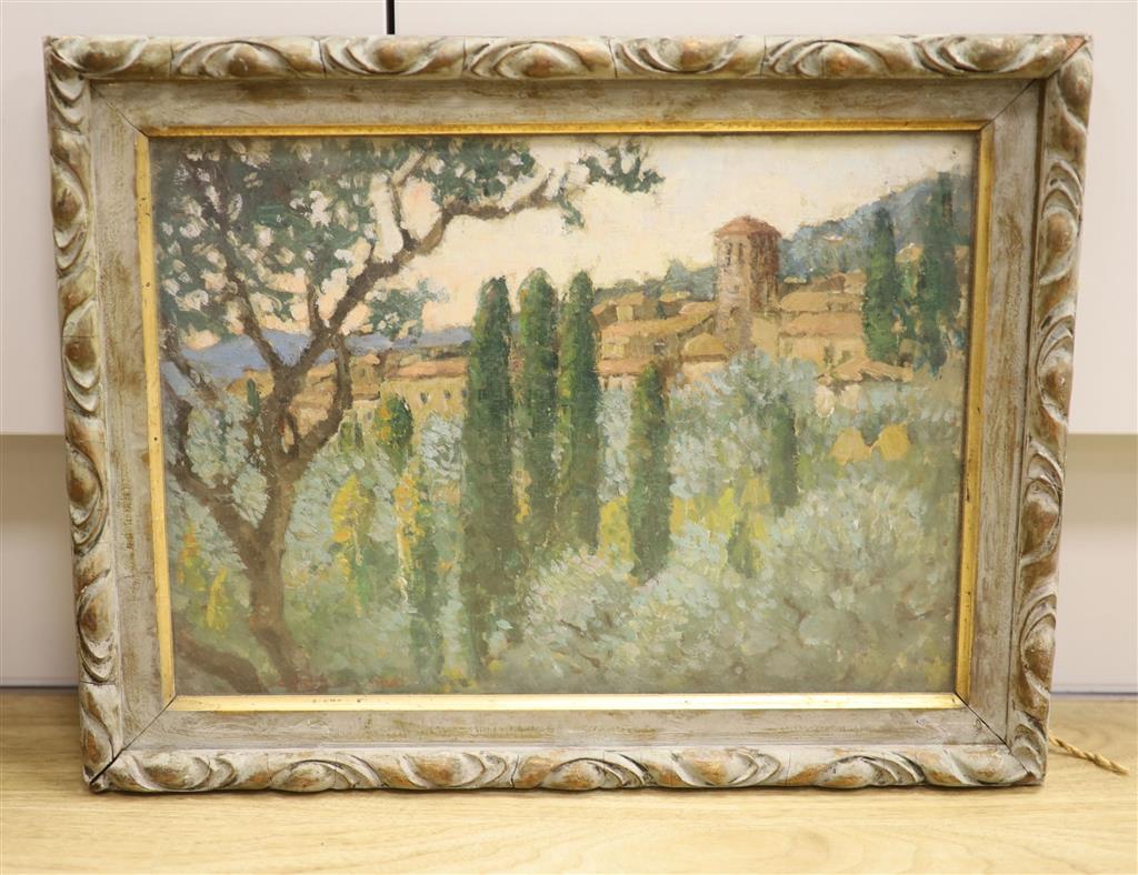 French School, oil on canvas board, View of Assisi, Italy, indistinctly signed, 23 x 32cm